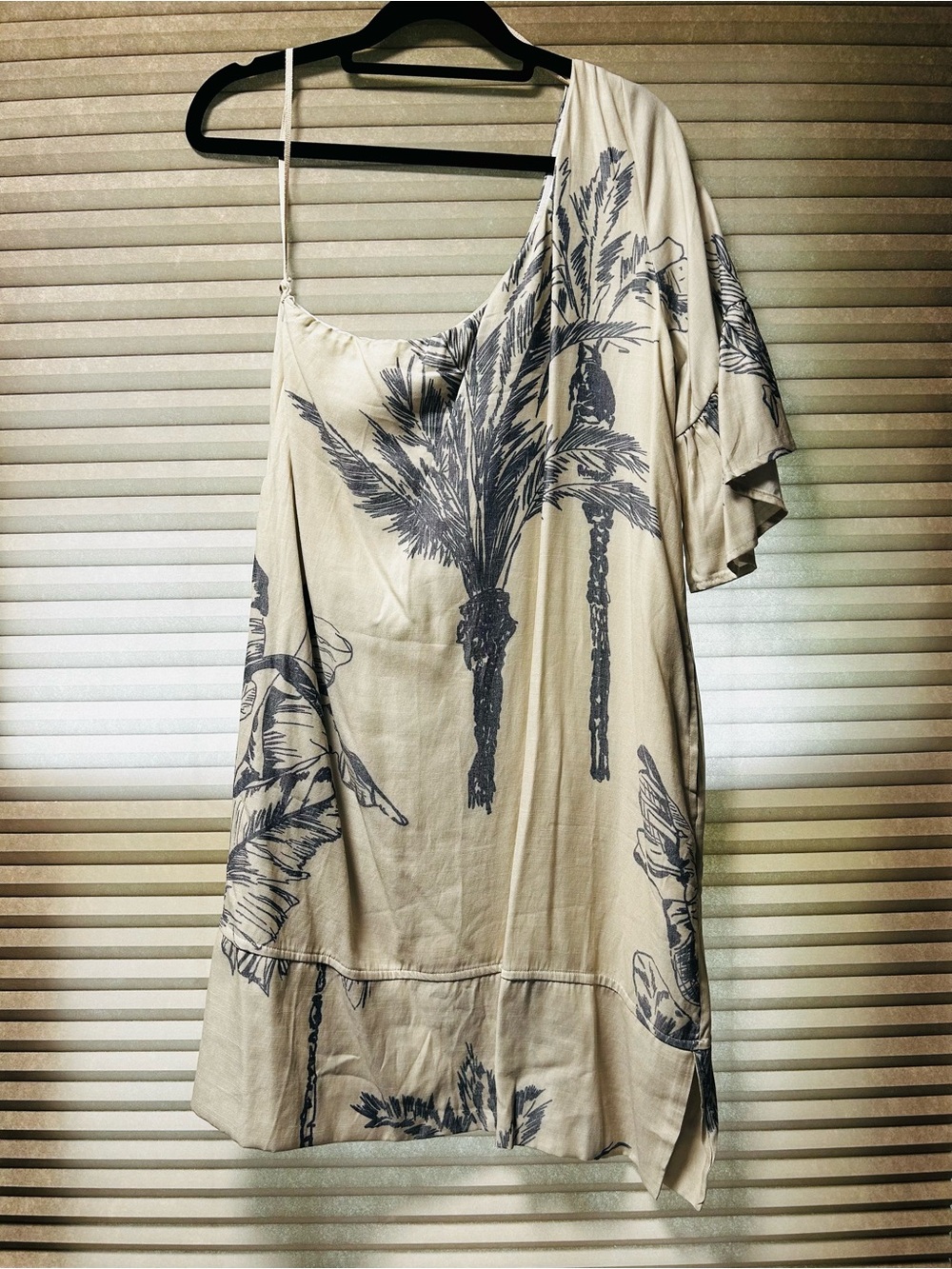 Anthropologie One-Shoulder Palm Print Dress in Cream and Gray